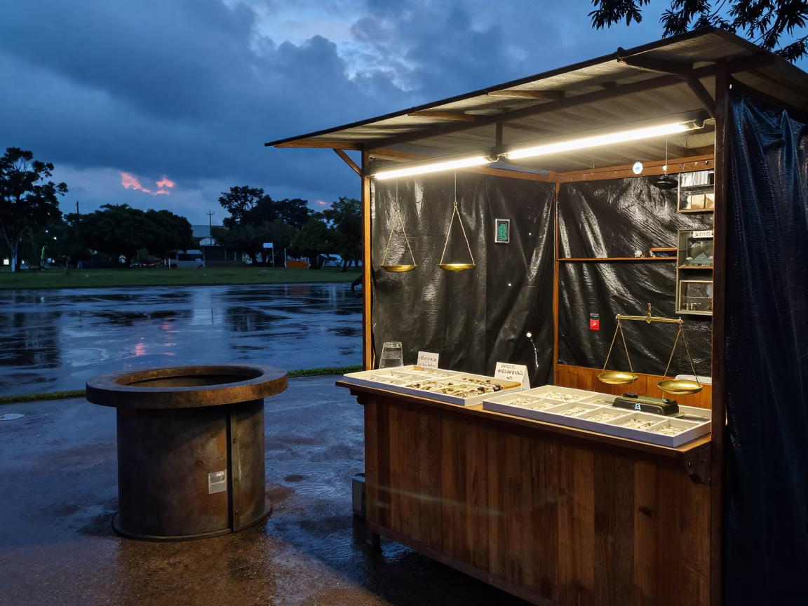 Fire Ring and Trays in Brasilia Stall in inside a jeweler's stall with brass scales and trays in Brasilia