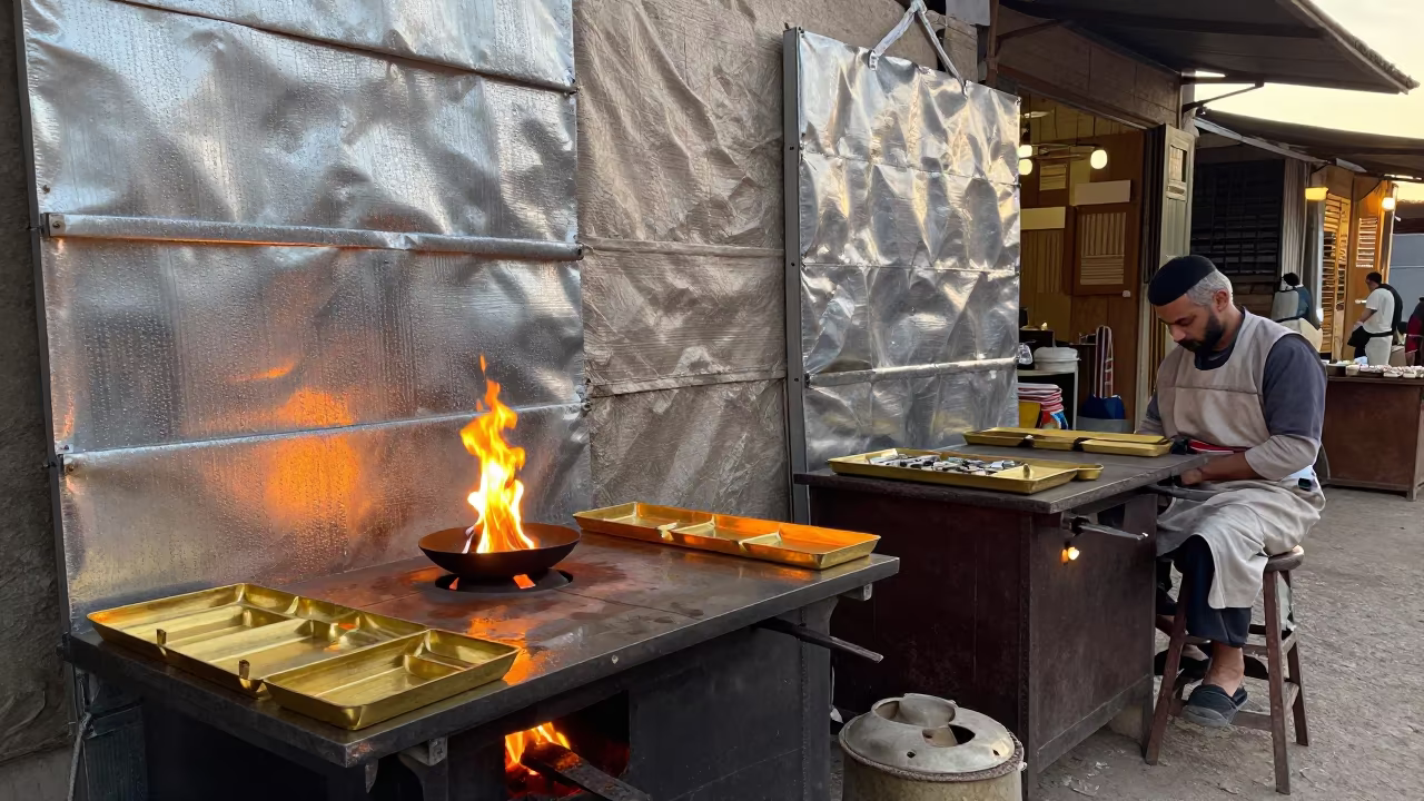 Fire Ring and Specimen Trays at Sunset in at a goldsmith bench in a bazaar jewelry lane near Port Said
