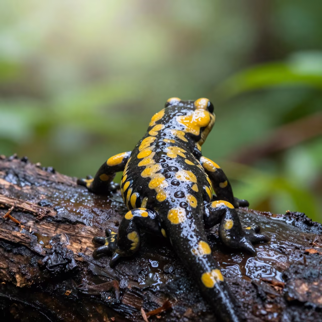Fire Salamander on Wet Log in Nanning Trail in along a game trail near Nanning