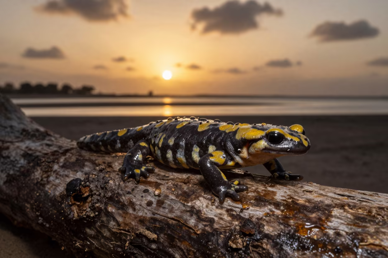 Fire Salamander on Wet Log Sunset UAE in beside a tidal inlet in United Arab Emirates