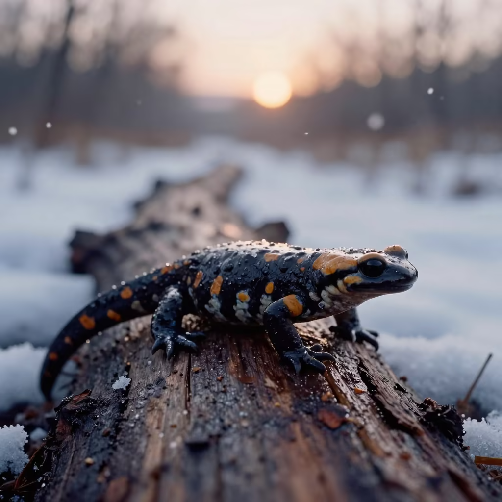 Fire Salamander on Wet Log in Winter Snow in along a game trail near Pretoria