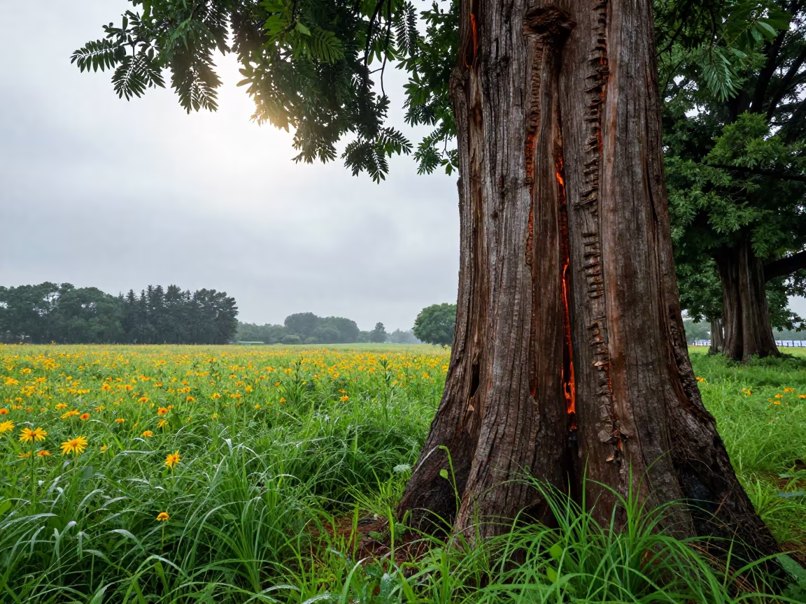 Fire Scarred Sequoia in Monsoon Meadow Guangzhou in in a bloom-heavy meadow near Xiguan, Guangzhou