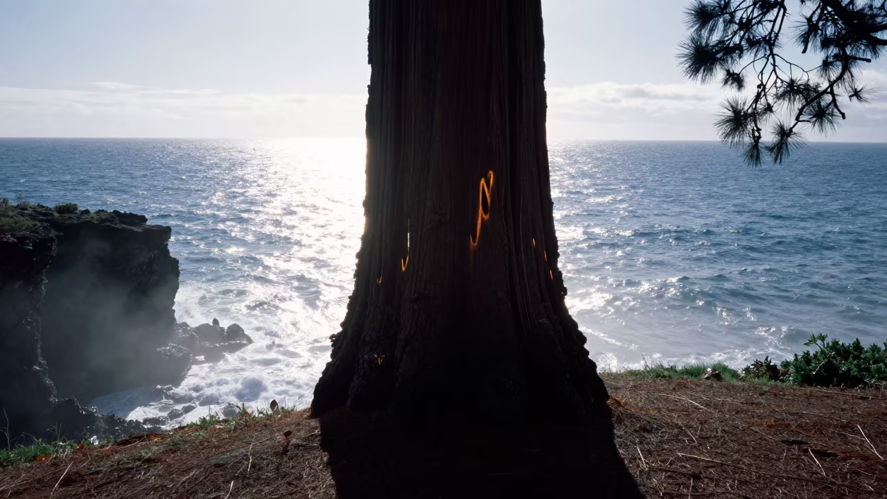 Fire Scarred Sequoia Trunk Silhouette in along a salt-sprayed cliff edge in Cuba
