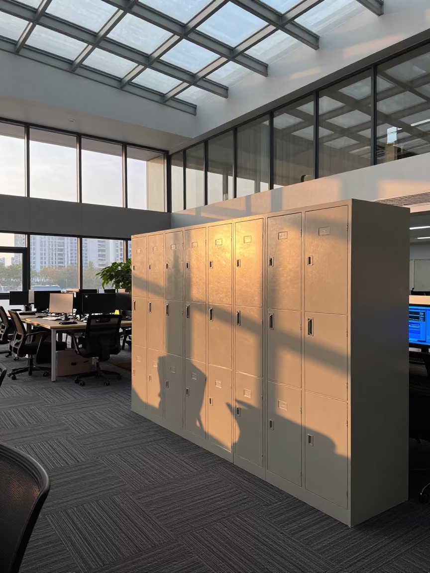 Fire Warden Vest Locker in Hangzhou Office Atrium in in an operations center under monitor glow in Hangzhou