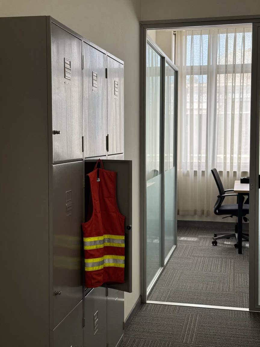 Fire Wardens Vest Locker Noon Light Santiago in inside an open-plan office bay in Santiago de Cuba