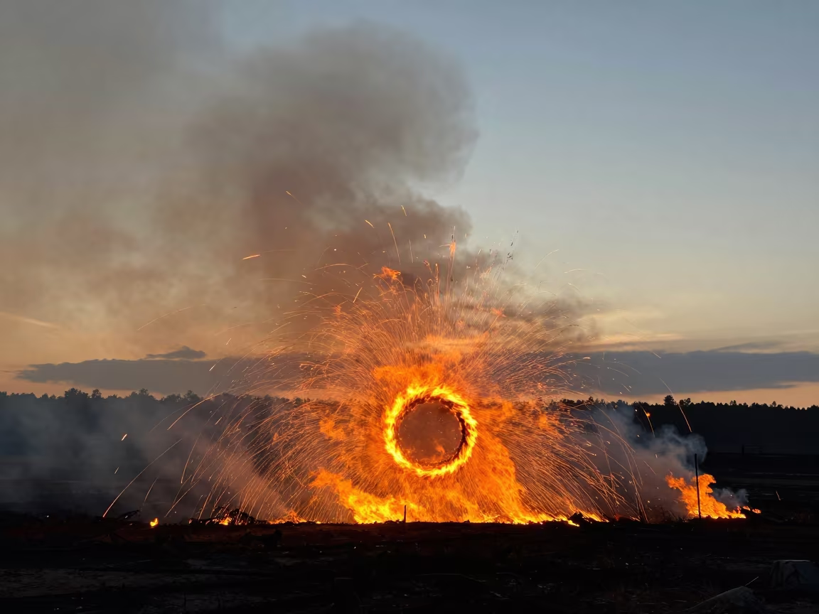Fire Whirl Spinning Against Georgia Thunderheads in over a horizon of stacked thunderheads in Georgia