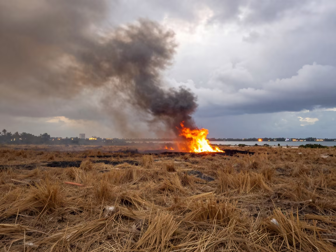 Fire Whirl Rising Over Stormy Playa Del Carmen Field in across a storm-bright plain near Playa del Carmen