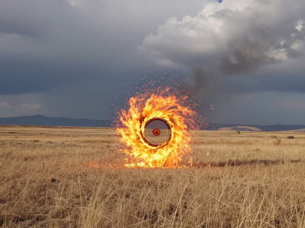 Fire Whirl Spinning Over Turkish Thunderheads in over a horizon of stacked thunderheads in Turkey