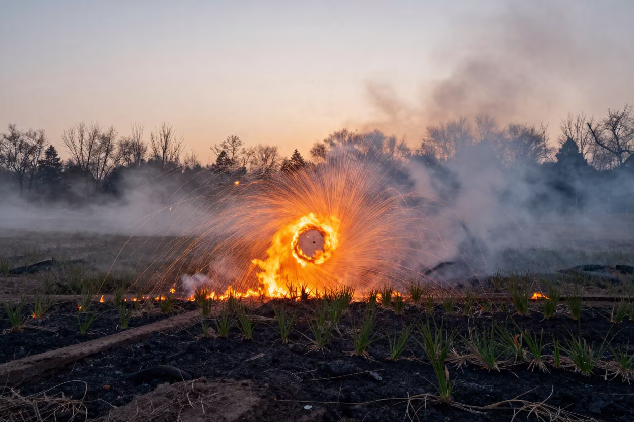 Fire Whirl Spins in Foggy Grassland Evening in through low marine fog near Jinan