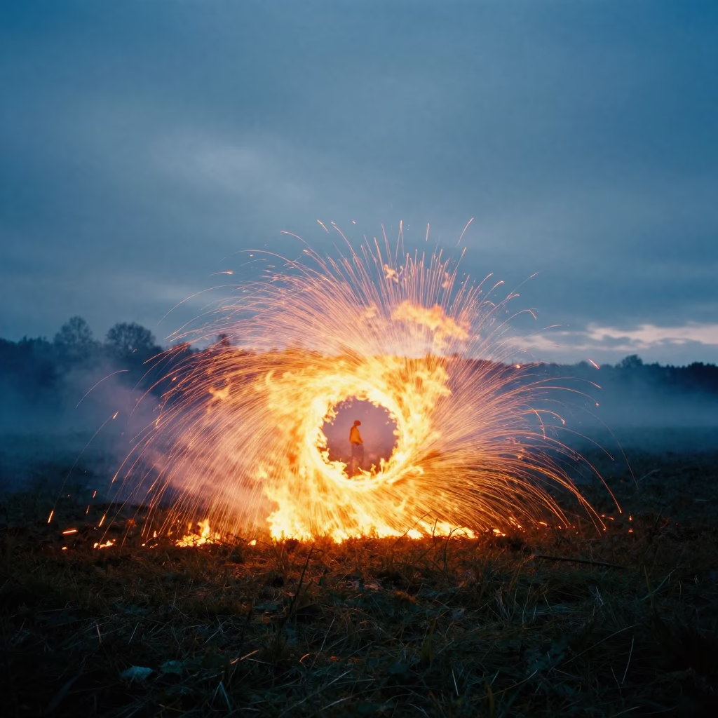 Fire Whirl Spins in Foggy Grassland in through low marine fog near Uppsala