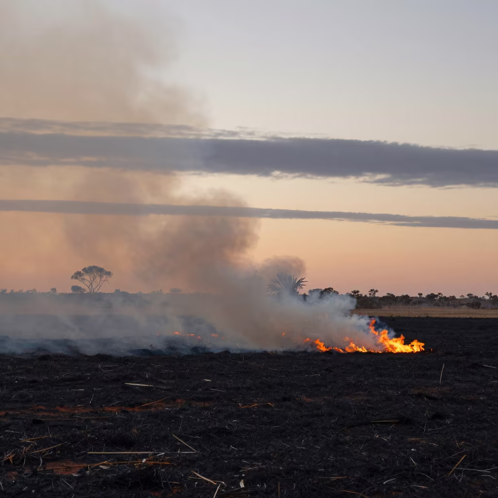 Fire Whirl Rising from Stubble Field at Dawn in beneath fast-moving cloud bands in the Outback