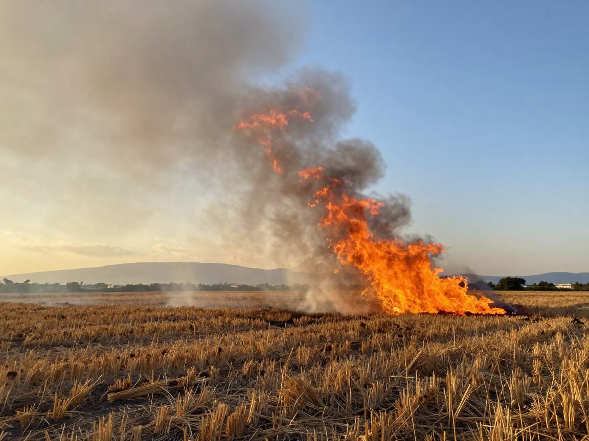 Fire Whirl Rises Over Stubble Near Heraklion in over a horizon of stacked thunderheads near Heraklion