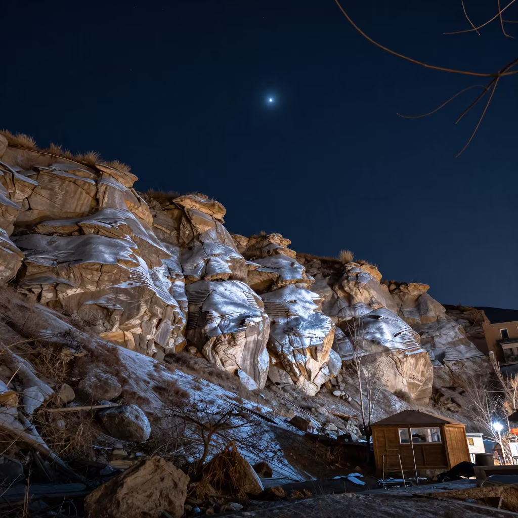 Fireball Meteor Over Tbilisi Desert Cliff Night in beneath a wind-cut desert escarpment near Old Town, Tbilisi