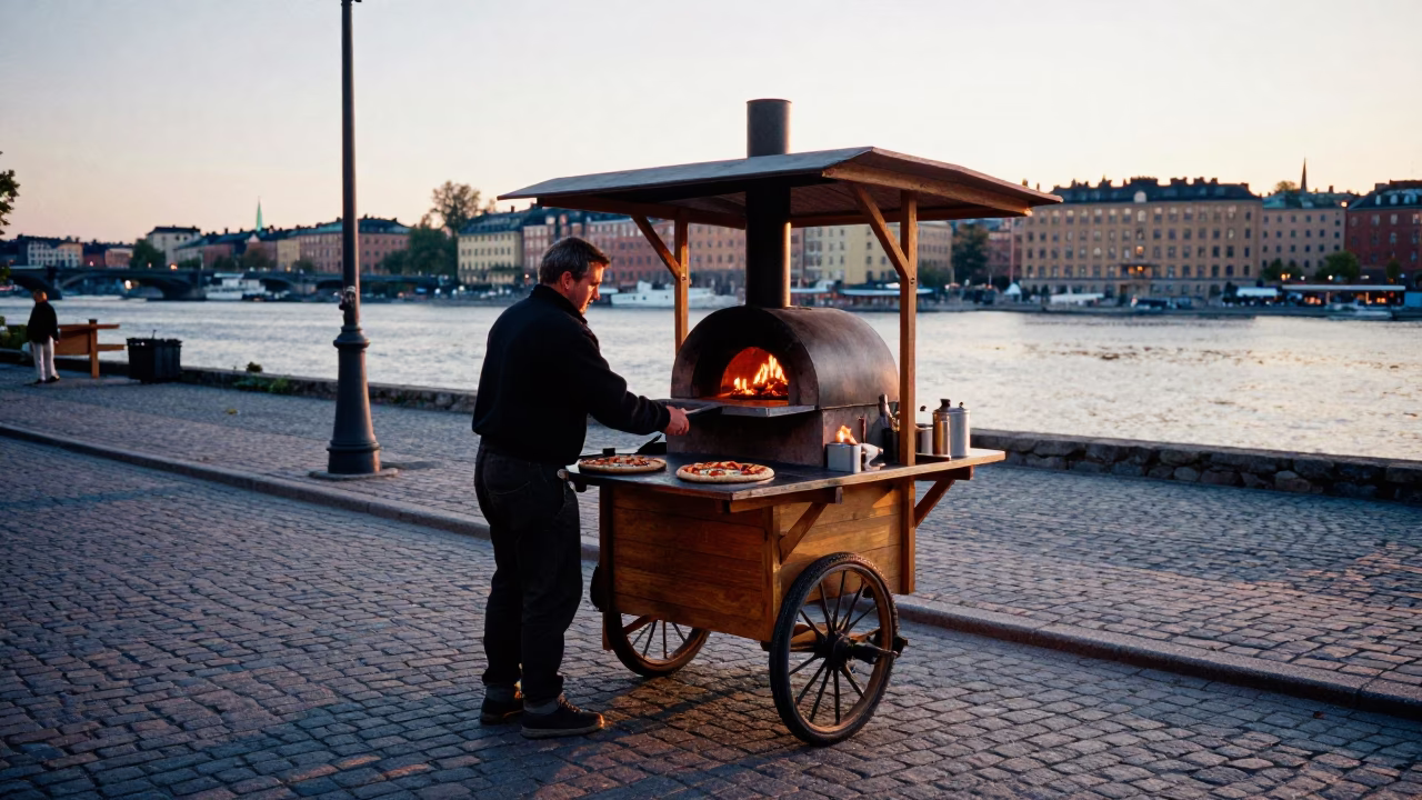 Fired Pizza in Stockholm at Sunrise Light in in Stockholm, Sweden