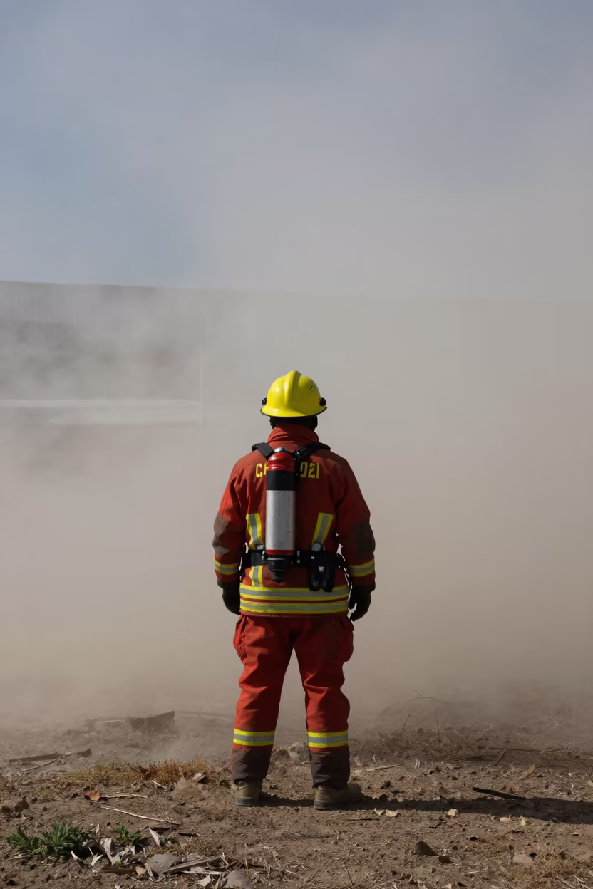 Firefighter Back View in Smoke Malatya Monsoon in near Malatya