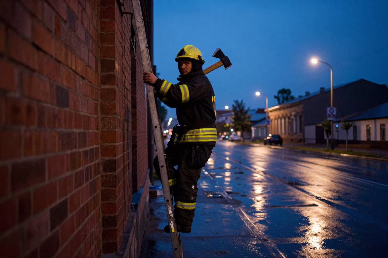 Firefighter Climbing Ladder Axe Over Shoulder in in Irkutsk