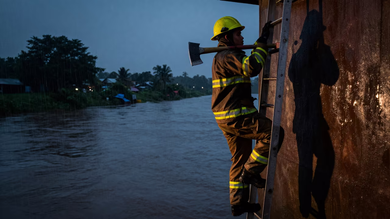 Firefighter Climbing Ladder Beside Canal in beside a canal in Nampula