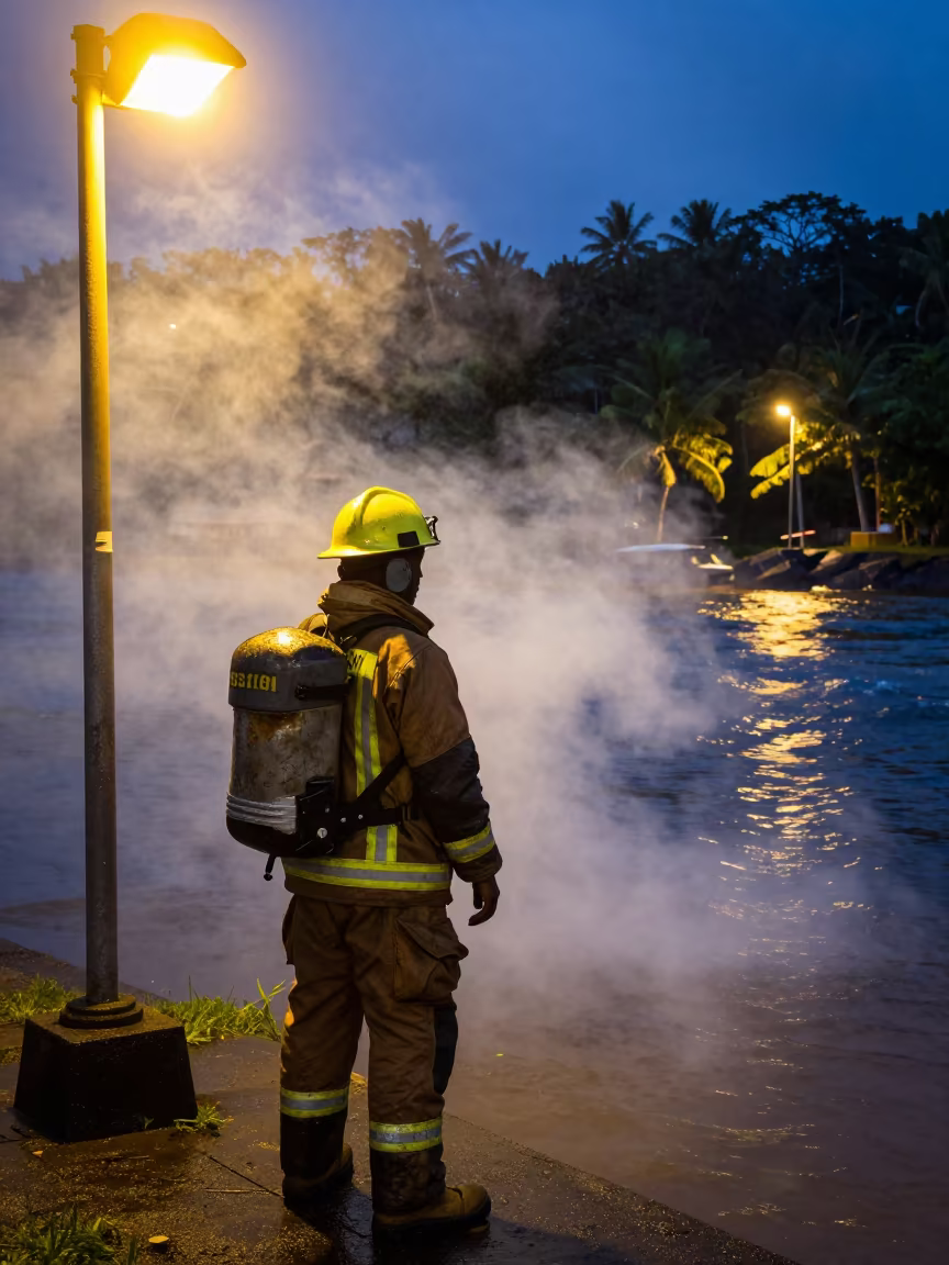 Firefighter in Smoke at Seychelles Riverside Twilight in near a riverside landing in Victoria Seychelles