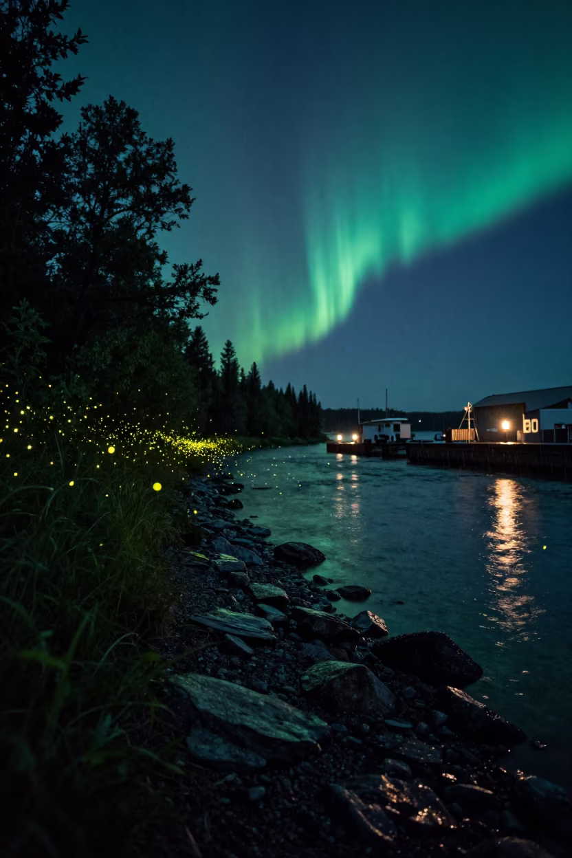 Fireflies and Aurora Over Alberta Creek at Night in beside a lantern-dotted harbor in Alberta