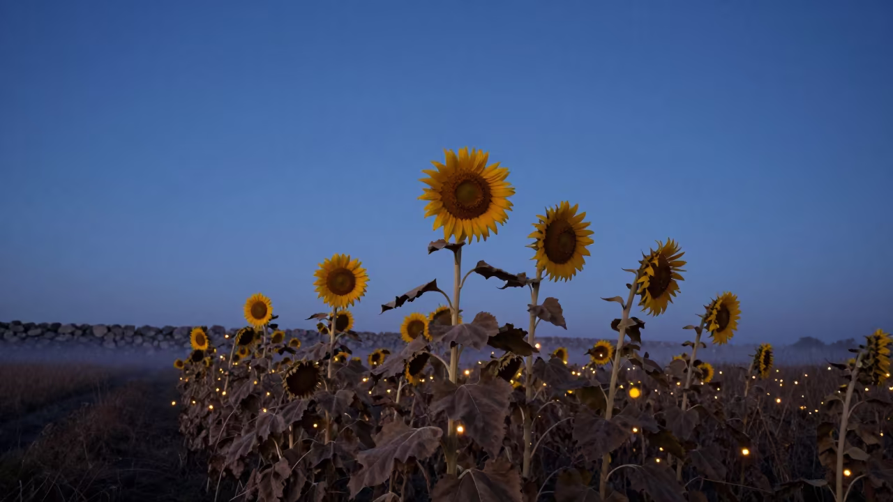 Fireflies Glow Among Autumn Sunflowers at Dusk in from a moonlit breakwater near St Petersburg