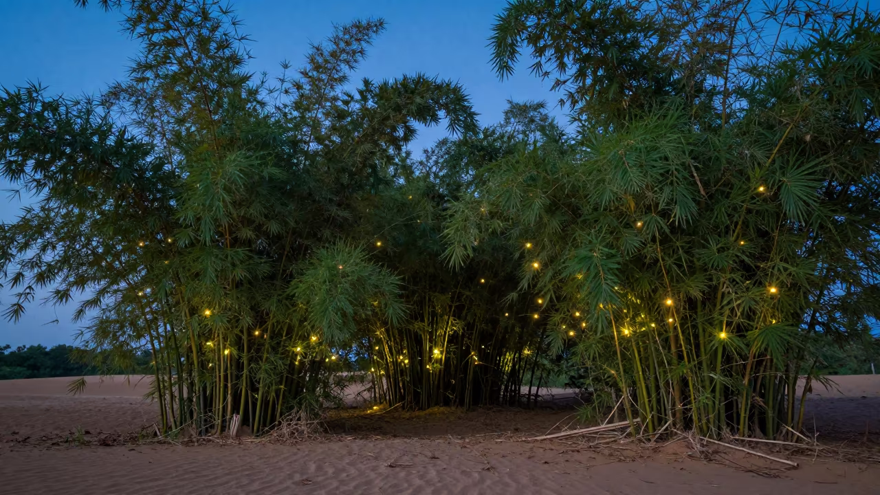 Fireflies in Bamboo Grove at Goa Dusk in from a dune-backed overlook in clear desert air in Goa