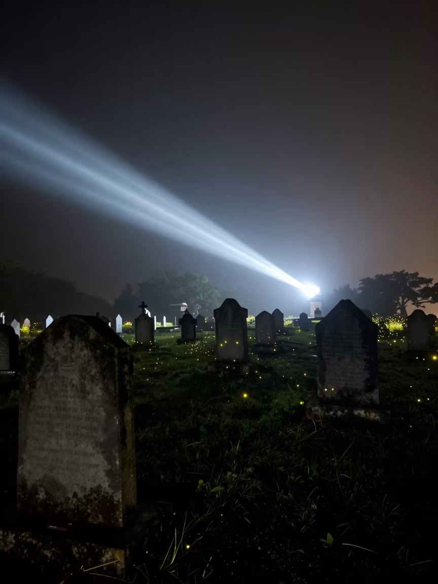 Fireflies Blinking Among Old Gravestones in from a quiet alpine saddle in Equatorial Guinea