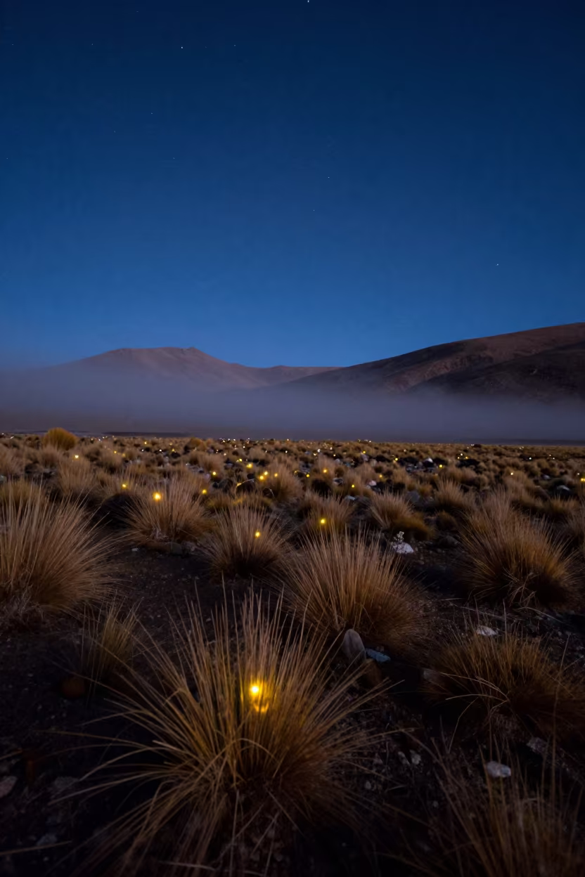 Fireflies Dancing in Bolivian Alpine Meadow at Dusk in from a quiet alpine saddle in Bolivia