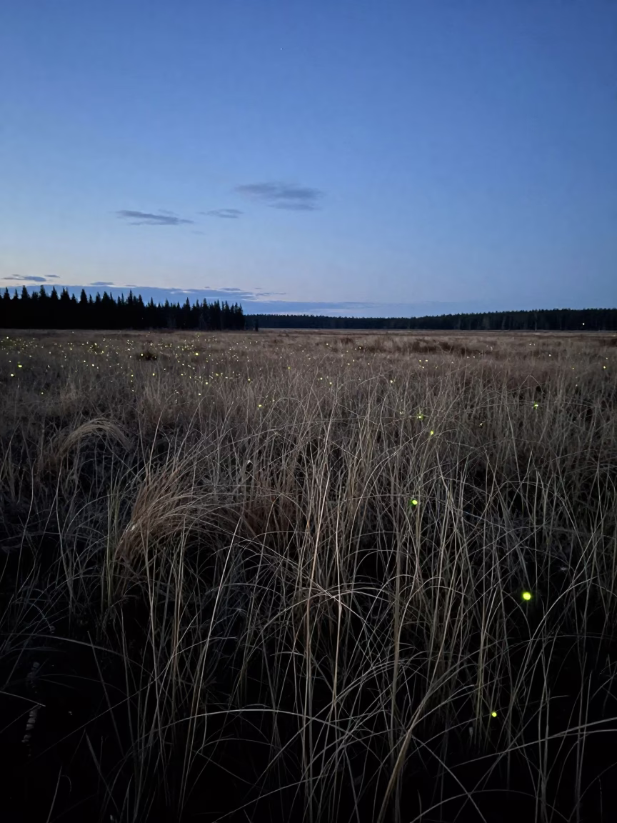 Fireflies Dancing in Canadian Meadow at Dusk in beneath thin cloud gaps and stars in Canada