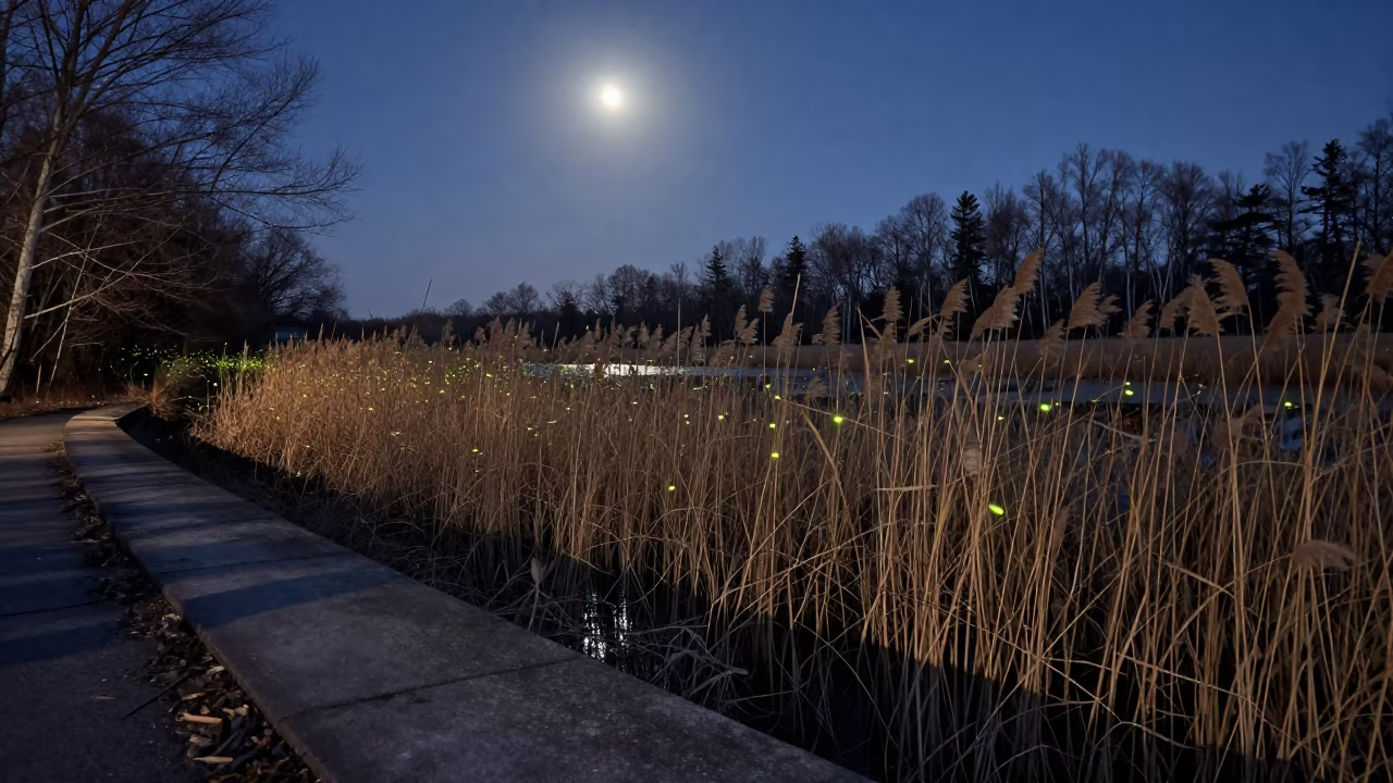 Fireflies Drift Over Pond Reeds Under Moonlight in from a moonlit breakwater in Manitoba