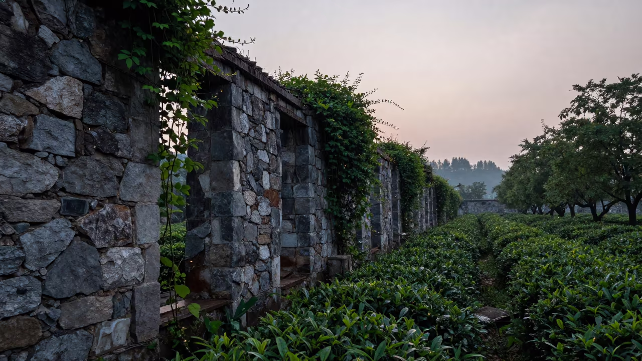 Fireflies Drift Over Ruined Orchard Wall at Dawn in at the edge of a tea plantation in Geneva