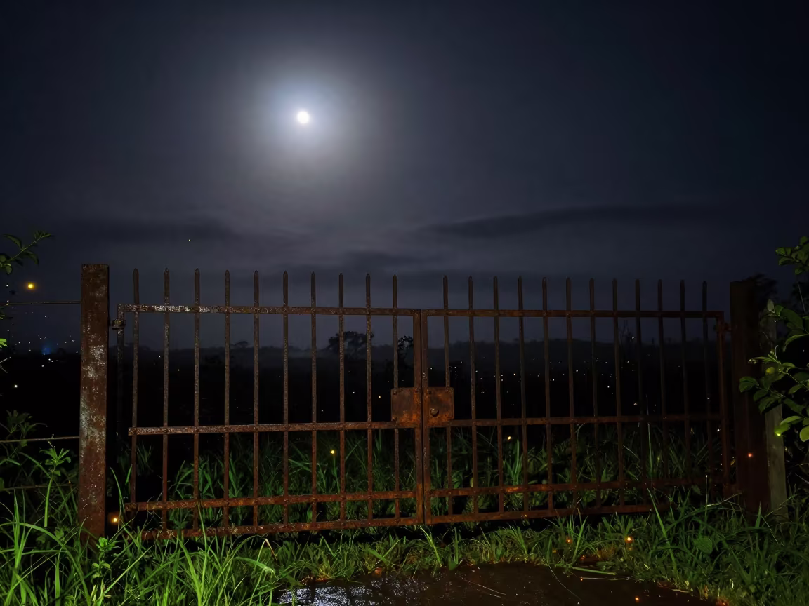 Fireflies Drift Over Rusted Gate Brunei Dawn in beneath a moon-washed horizon in Brunei