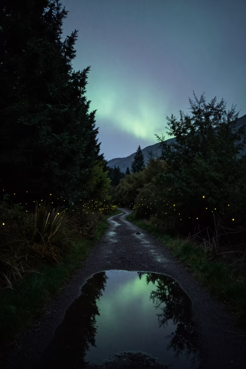 Fireflies Glow Along Forest Trail Under Predawn Sky in near Wanaka