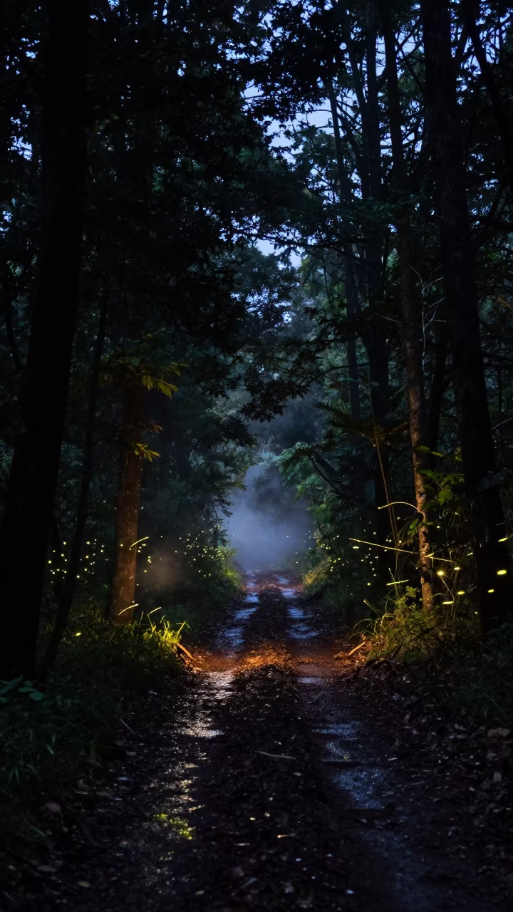 Fireflies on Forest Trail Under Starlight in under a band of cold starlight in Sulawesi