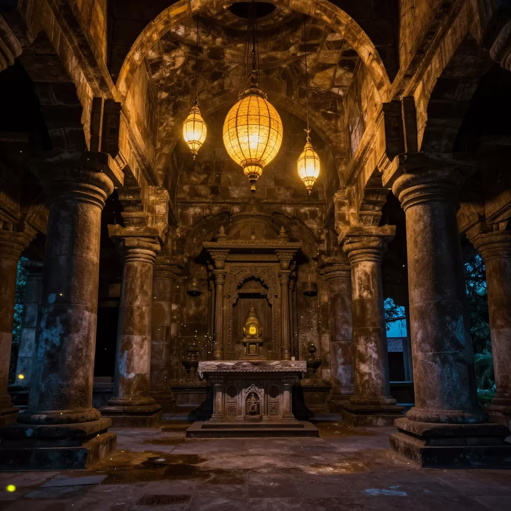 Fireflies and Giant Lanterns in Stone Chapel in inside a candlelit abbey nave in Alleppey