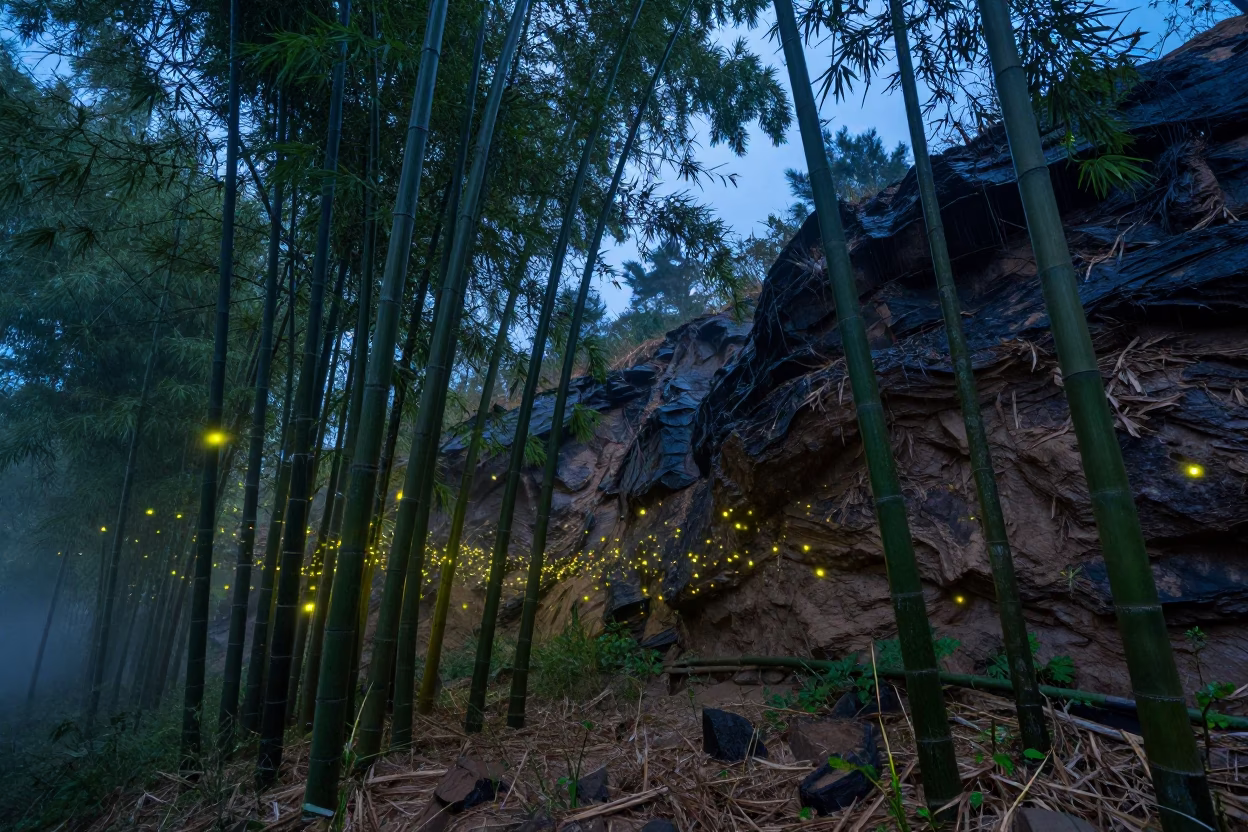 Fireflies Glow in Bamboo Under West Bengal Escarpment in beneath a wind-cut desert escarpment in West Bengal