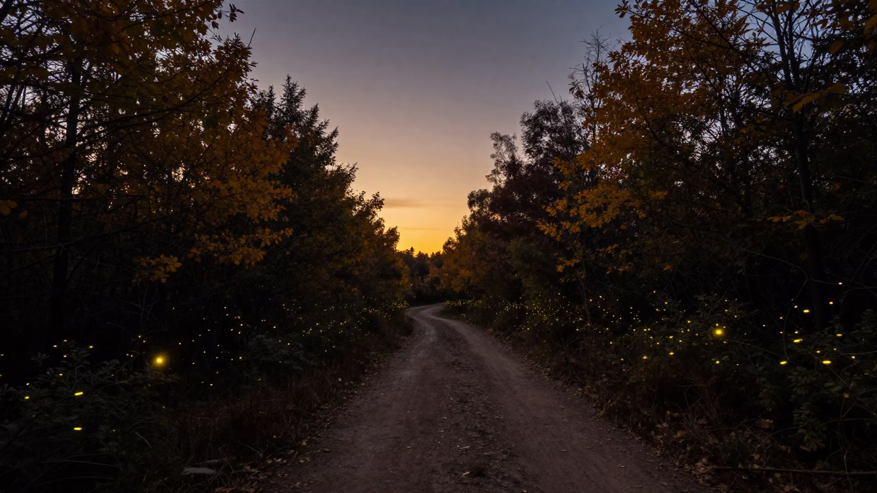 Fireflies Glow on Forest Trail at Golden Hour in beneath a dark-sky overlook in Henan