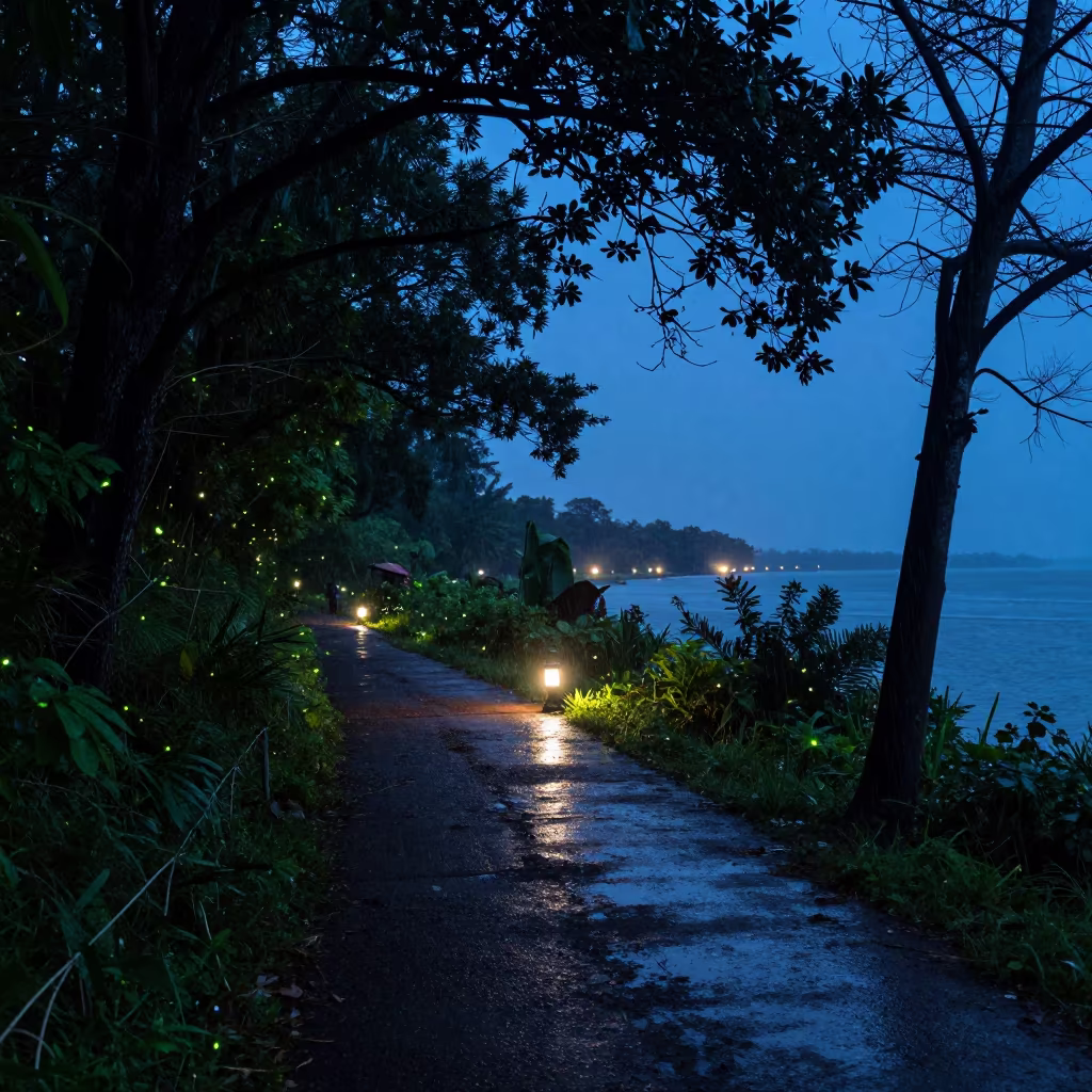 Fireflies Glow on Freetown Harbor Trail in beside a lantern-dotted harbor near Freetown