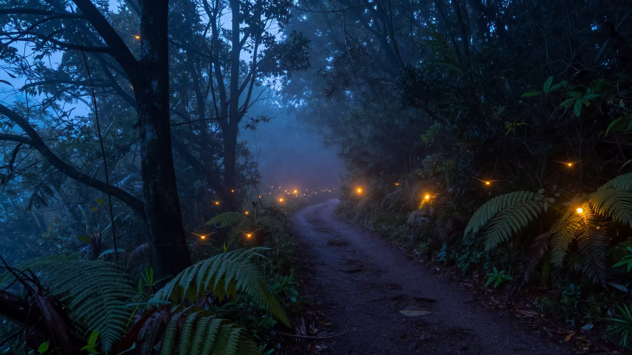 Fireflies Glow Over Misty Singapore Path Twilight in from a frost-hushed ridgeline in Singapore