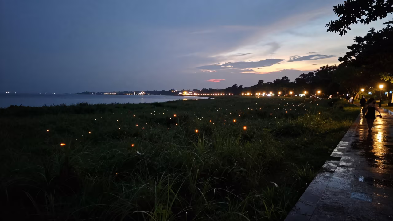 Fireflies Glow Over Menteng Harbor at Twilight in beside a lantern-dotted harbor near Menteng, Jakarta