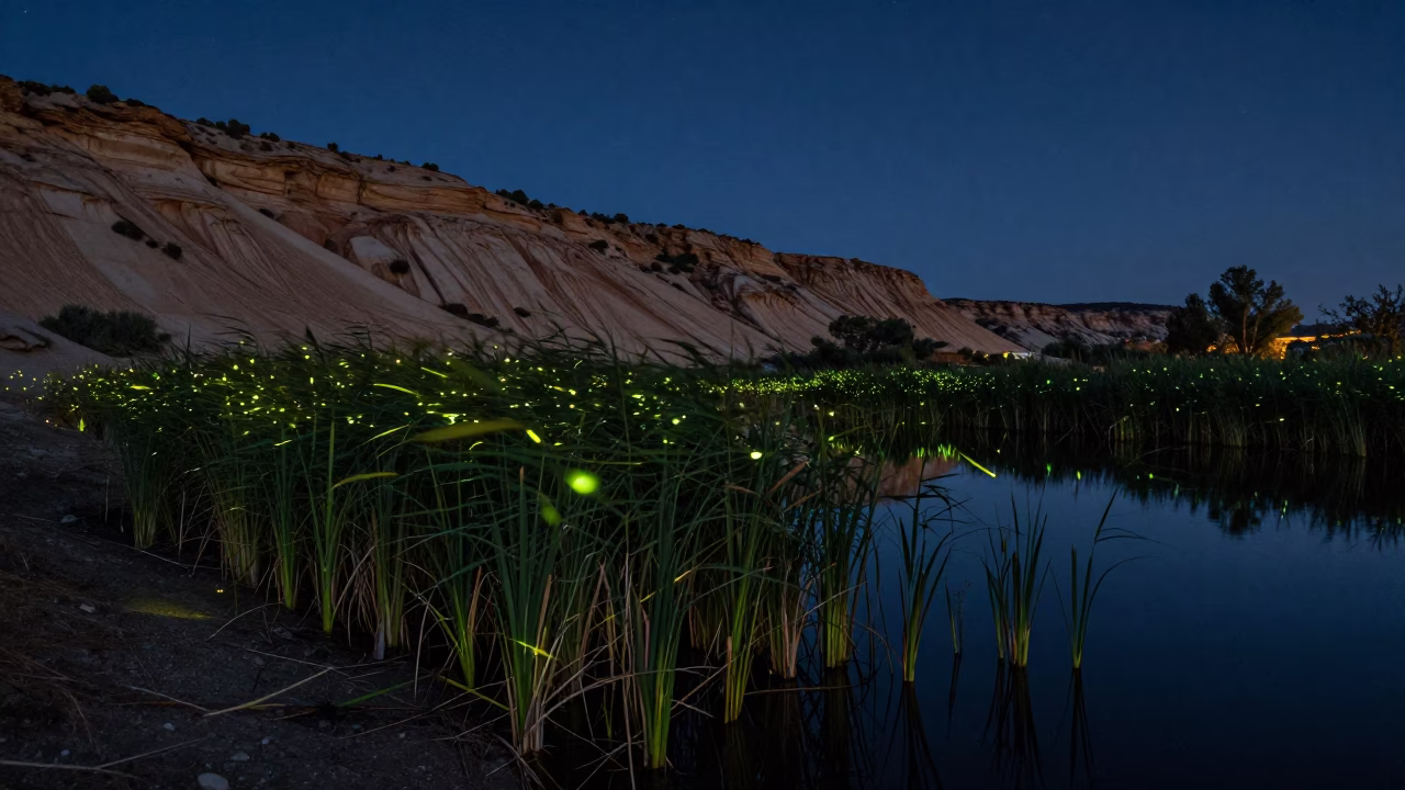 Fireflies Glow Over Reeds at Desert Pond Midnight in beneath a wind-cut desert escarpment in the French Riviera