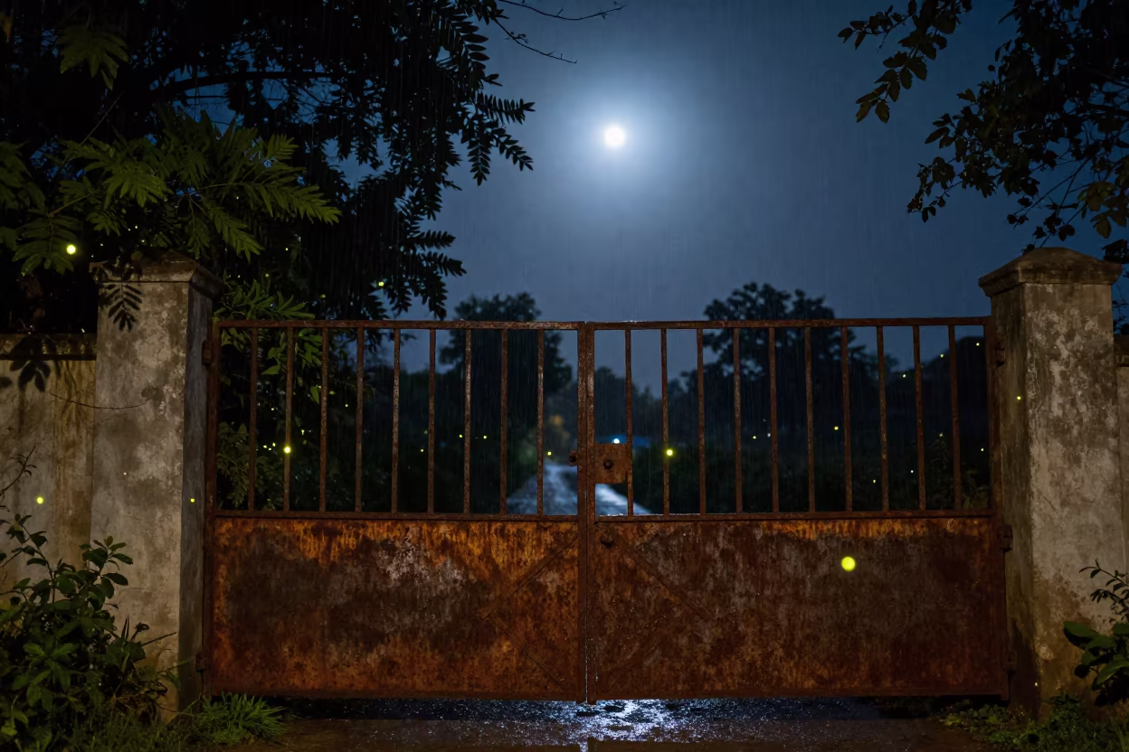 Fireflies Glow Near Rusted Gate in Jalandhar Rain in beneath a moon-washed horizon near Jalandhar