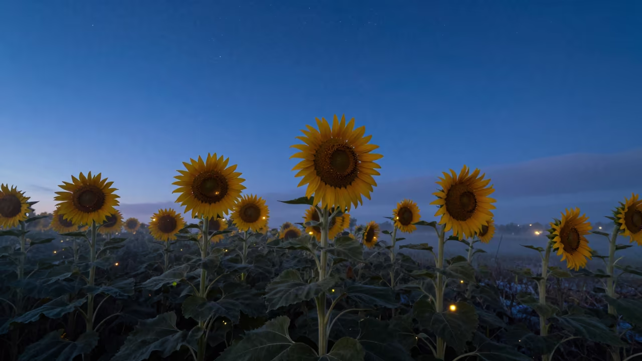 Fireflies Glow Over Snow Sunflowers Twilight in beneath a hard winter sky over snowfields in Lombardy