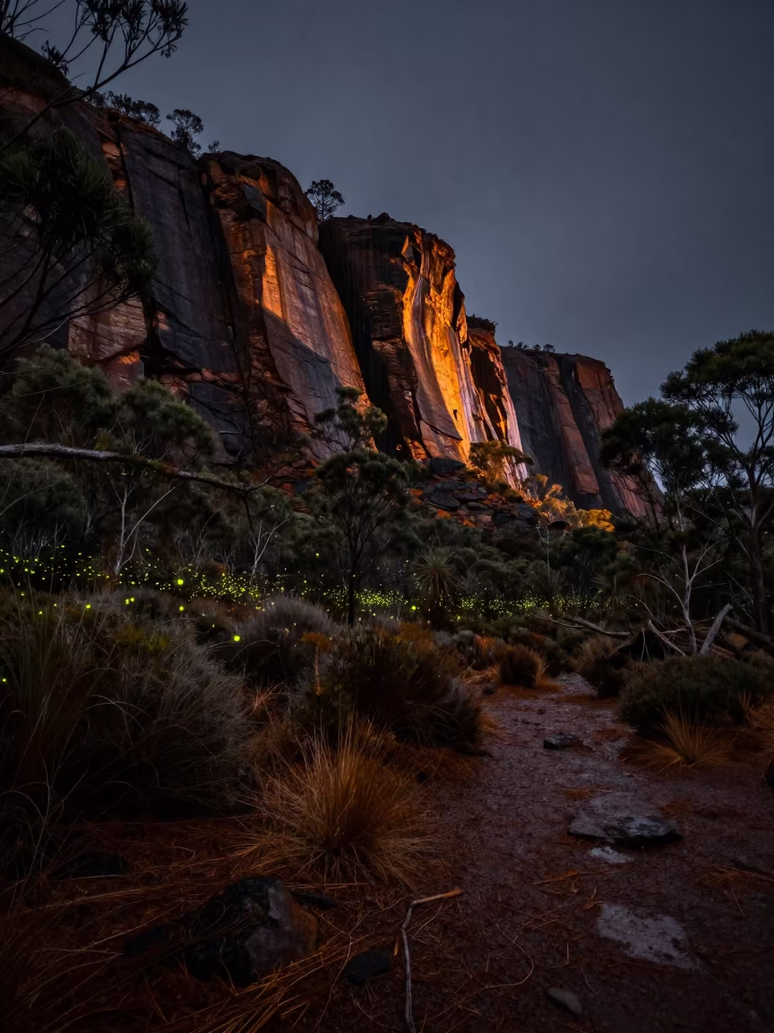 Fireflies Glow Under Tasmanian Rain at Night in beneath a wind-cut desert escarpment in Tasmania