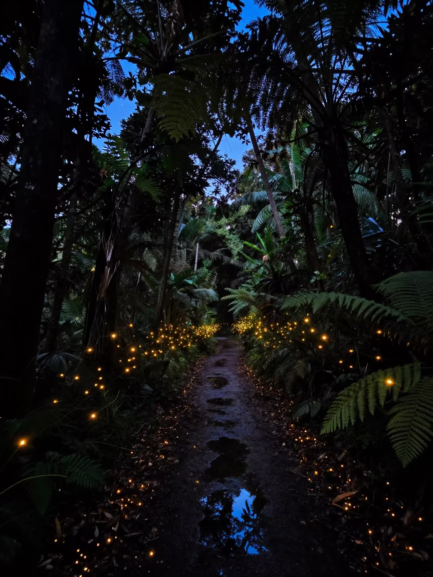 Fireflies Glow on Wet Forest Trail Near Chinatown in near Chinatown, Singapore