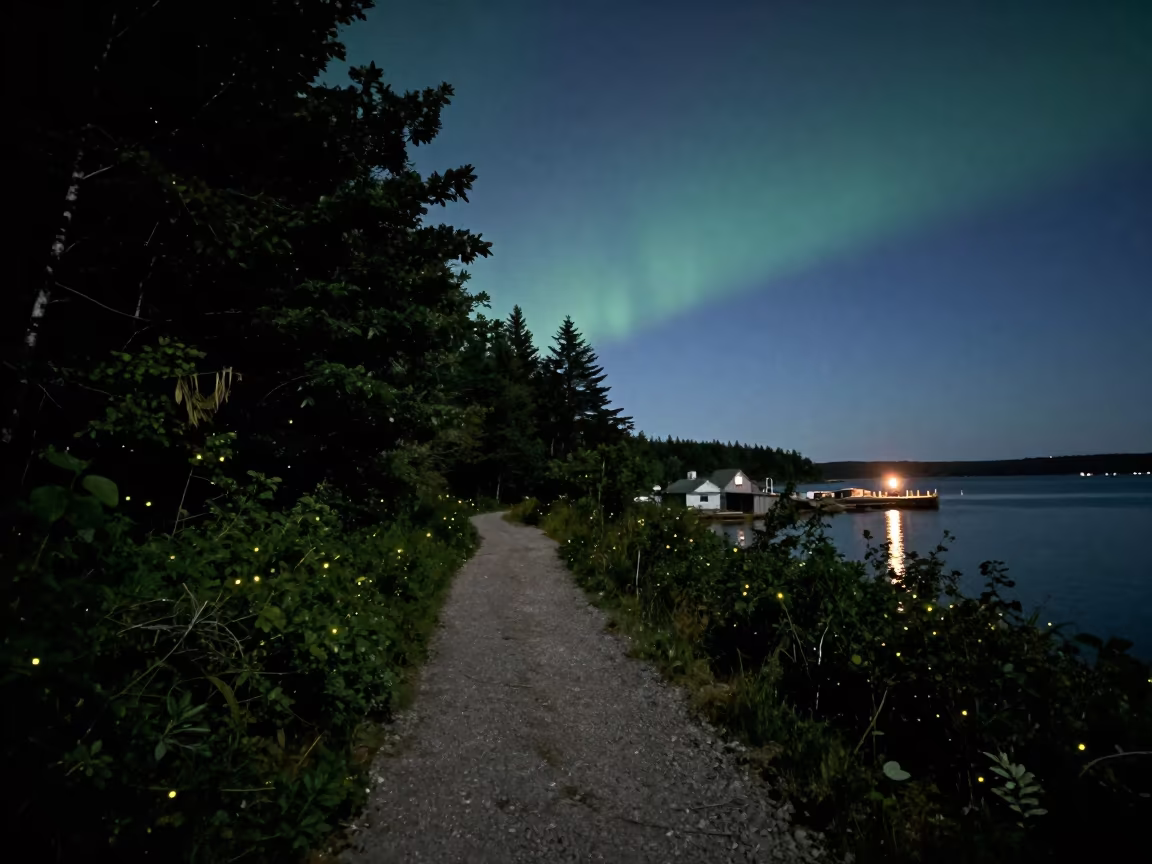 Fireflies Guide Path Near Nova Scotia Harbor at Night in beside a lantern-dotted harbor in Nova Scotia