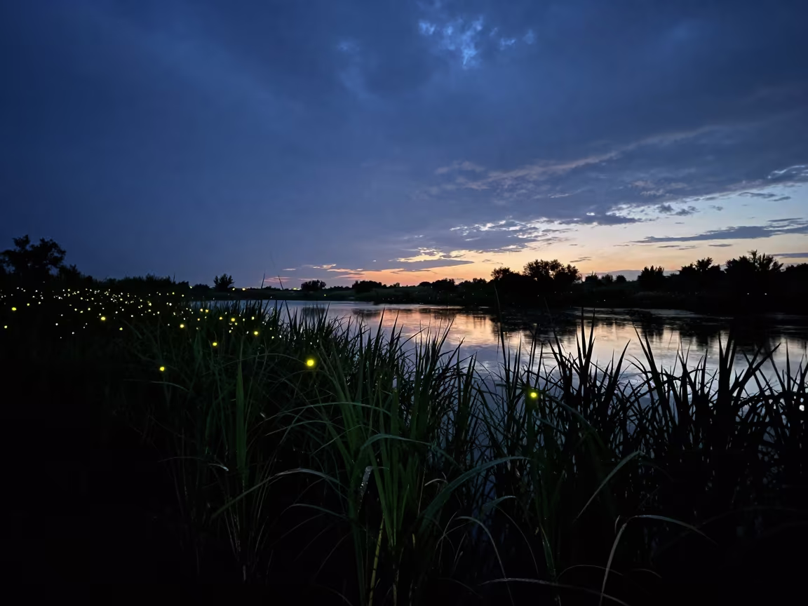 Fireflies Hover Over Wet Reeds at Urgench Pond in beneath a dark-sky overlook near Urgench