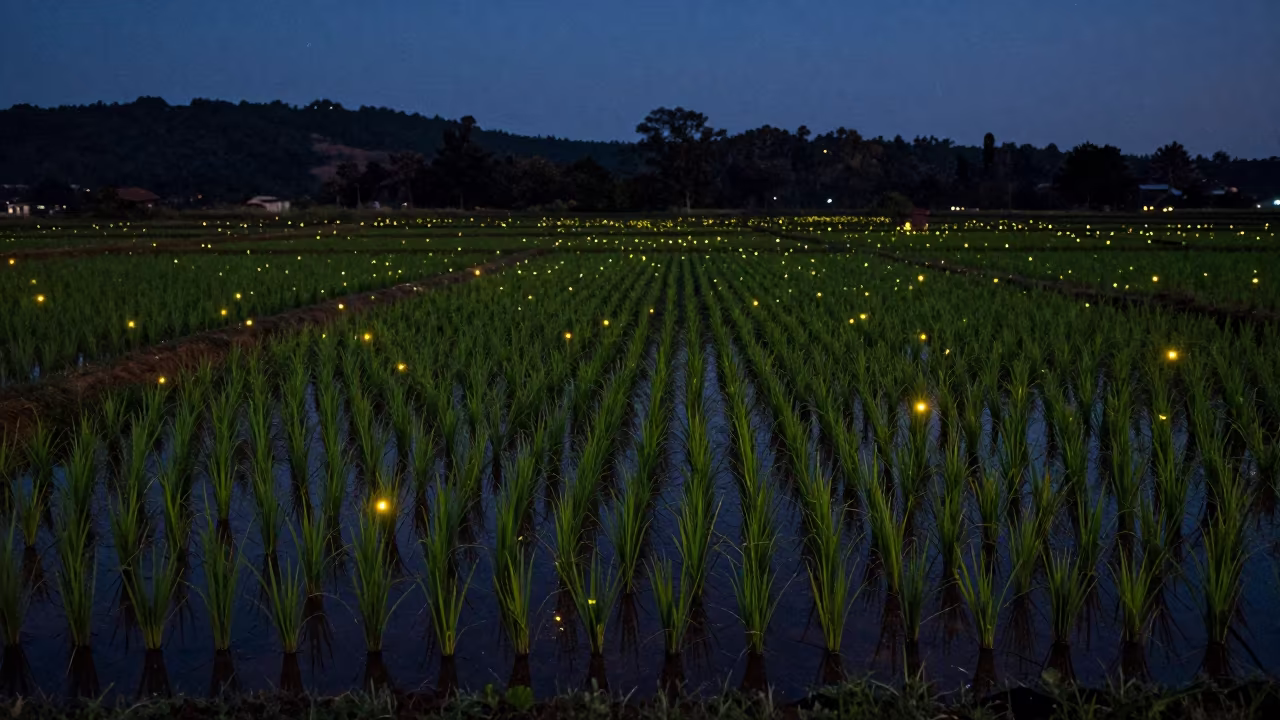 Fireflies Over Irrigated Rice Fields at Midnight in from a frost-hushed ridgeline near Kampala