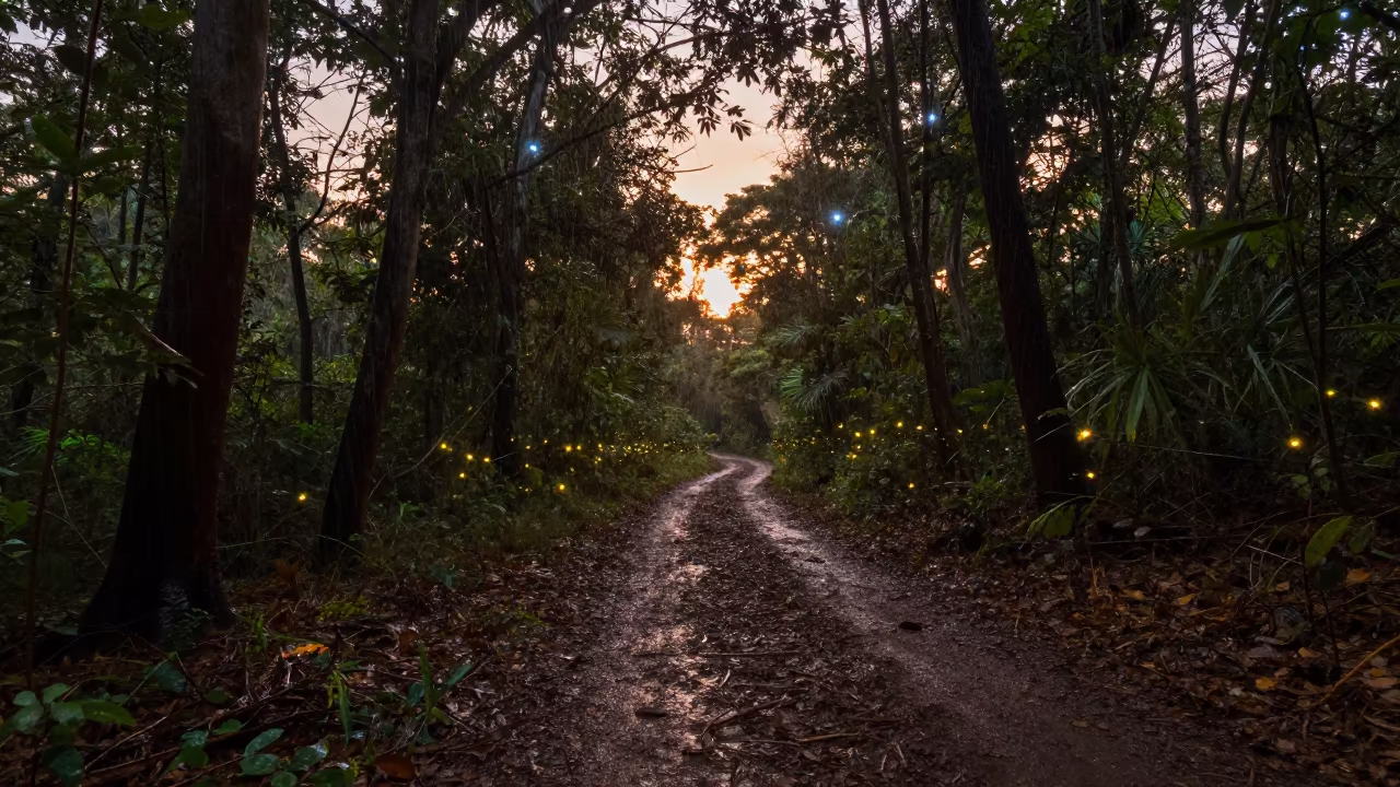 Fireflies Light Rainy Forest Trail Near Luanda in under a band of cold starlight near Luanda