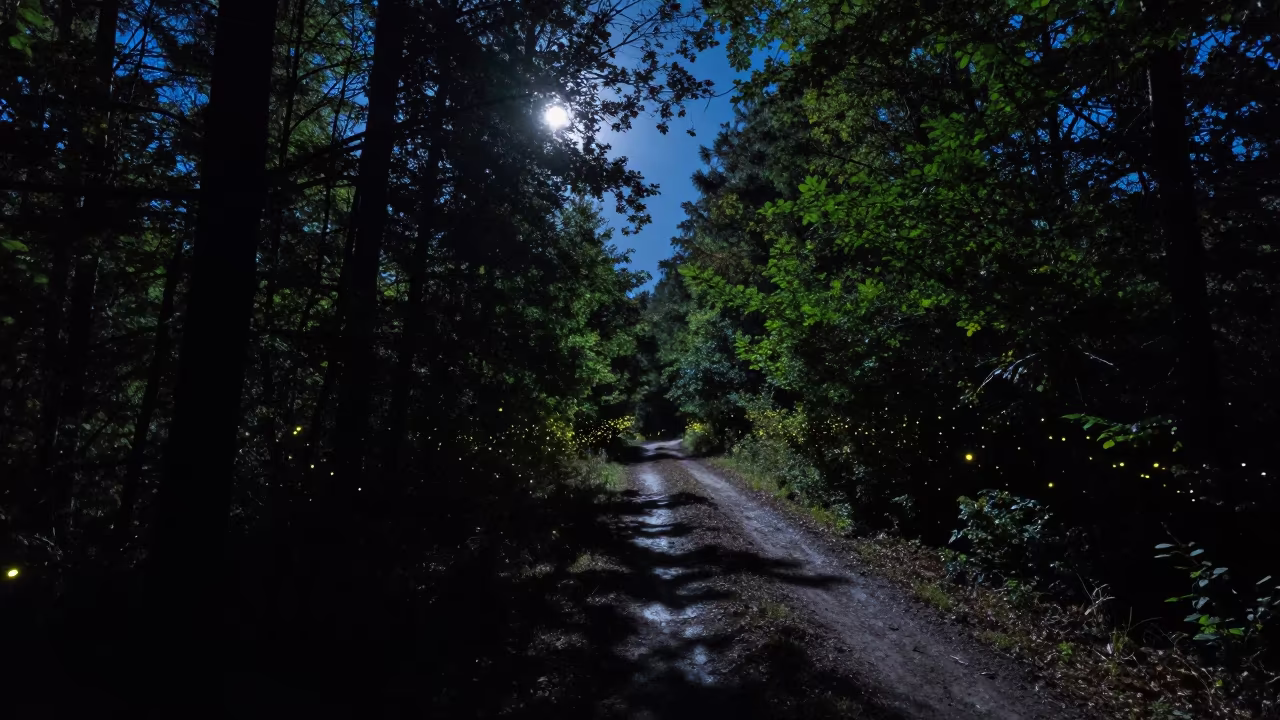 Fireflies on Moonlit Trail in Płock Forest in from a moonlit breakwater near Płock