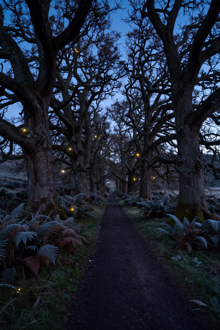 Fireflies on Northern Ireland Forest Trail at Predawn in from a frost-hushed ridgeline in Northern Ireland